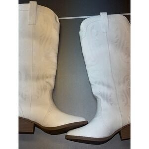 White Western Tall Cowboy Boots Pointed Toe Embroidered Block Heel Womens
